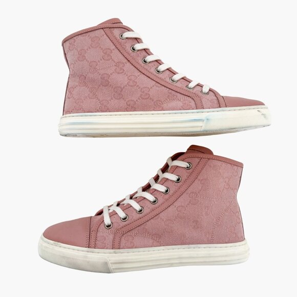 Gucci Rebel High Top GG Sneakers EU 37 US 7 Pink Monogram Canvas Lace Up Cap Toe - Picture 8 of 13